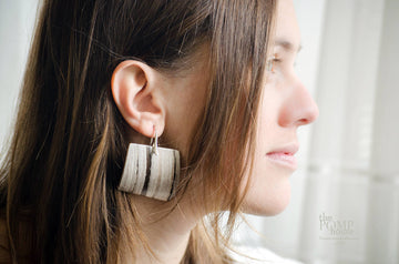 Large geometric White Makassar bentwood earrings