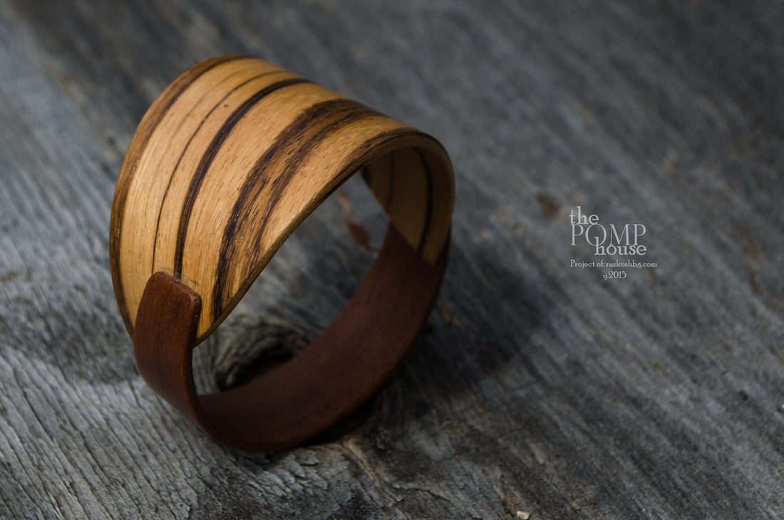 Wooden Bracelet "Connections", Natural bent veneer Zebrawood & Sapele Mahogany